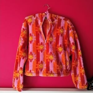 Billabong Smiley Pink Orange Yellow Teddy Pullover Hooded Fleece SIZE SMALL 🧸